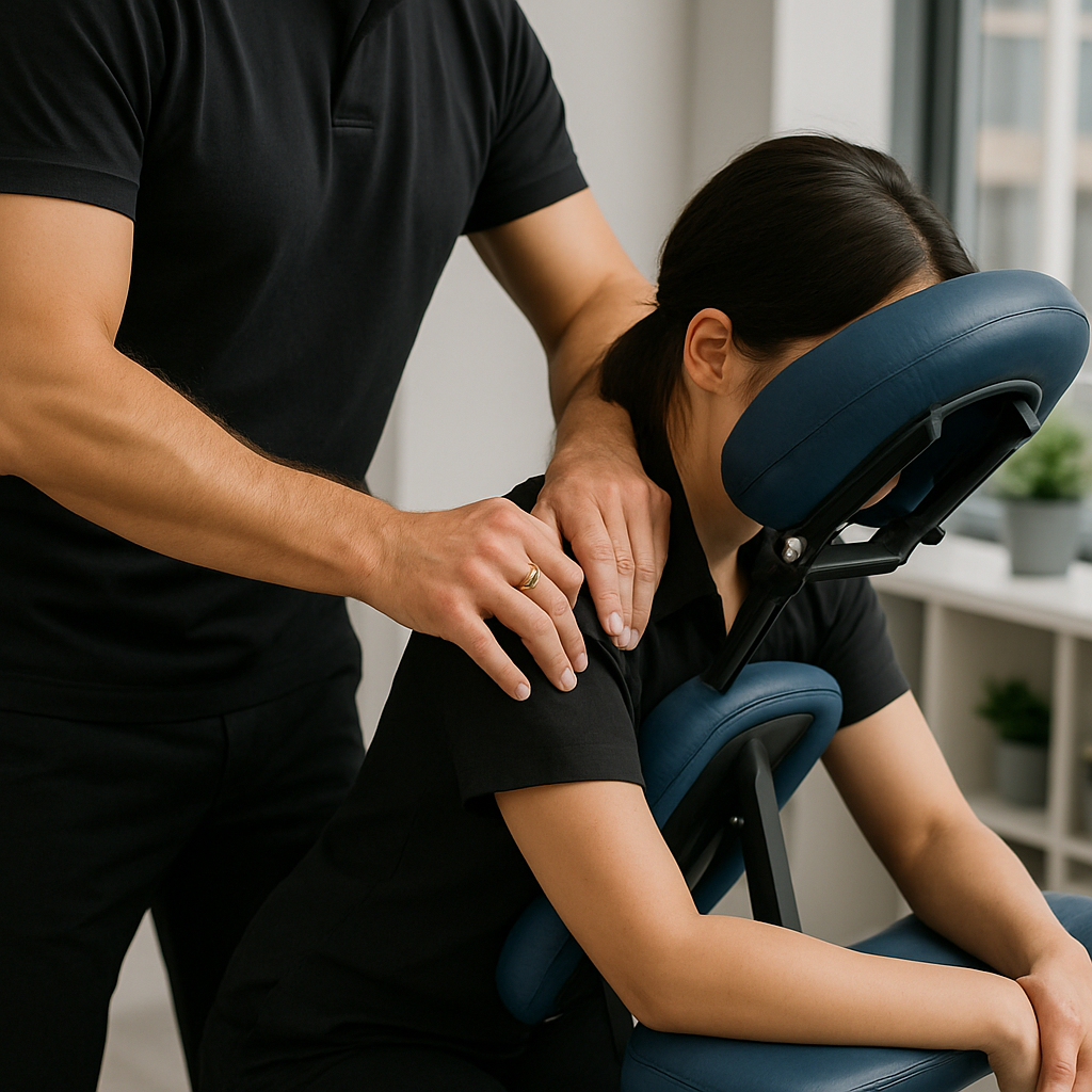 masseur en train de faire un massage assis shitasu a une femme sur une chaise confortable noire
