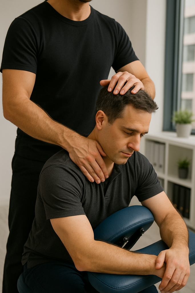 masseur en train de faire un massage assis shitasu a un homme au niveau des cervicales sur une chaise confortable noire